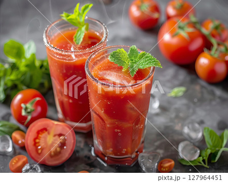 Two Glasses of Chilled Tomato Drink with Ice and Herbs. 127964451