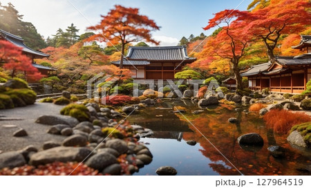 池に映る紅葉と日本庭園の美しい風景 池に映る紅葉と日本庭園の美しい風景 127964519
