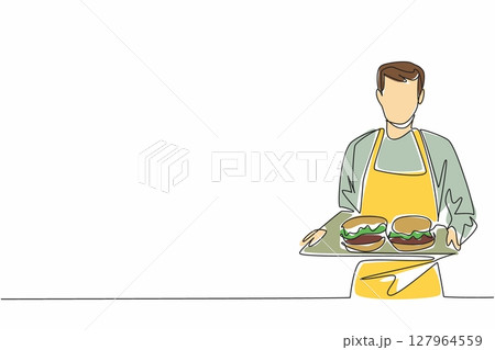 Continuous one line drawing male waitress wearing a yellow apron, both hands holding a tray of burgers. Orders will deliver to table. School Lunch Hero Day. Single line draw design vector illustration Continuous one line drawing male waitress wearing a yellow apron, both hands holding a tray of burgers. Orders will deliver to table. School Lunch Hero Day. Single line draw design vector illustration 127964559