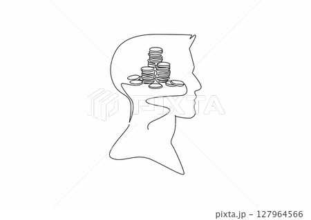 Single one line drawing head of a man with a pile of coins in the middle of his head. Small change will be put into the piggy bank. Inside the Head of Man. Continuous line design graphic illustration Single one line drawing head of a man with a pile of coins in the middle of his head. Small change will be put into the piggy bank. Inside the Head of Man. Continuous line design graphic illustration 127964566