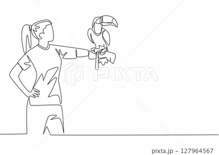 Continuous one line drawing toucan bird perched on hand of woman. Large billed tropical birds live in tropical forests. Eating insects. Woman Holding Bird. Single line draw design vector illustration Continuous one line drawing toucan bird perched on hand of woman. Large billed tropical birds live in tropical forests. Eating insects. Woman Holding Bird. Single line draw design vector illustration 127964567
