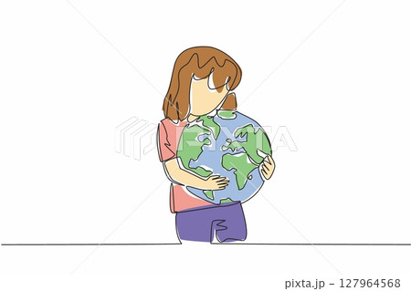 Continuous one line drawing girl hugging globe. A symbol of great affection. Take part in protecting the environment. Do not litter. Care. World Give Day. Single line draw design vector illustration 127964568