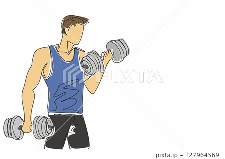 Single one line drawing a man lifting dumbbells in each hand. Build muscle in both arms at once. Appear more confident.  Sporty. National Fitness Day. Continuous line design graphic illustration 127964569