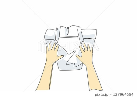 Single one line drawing hands of baby holding the diaper with both hands. Diaper pants. Easier to remove and put on. Hygiene. Kids In Need Of Diapers Day. Continuous line design graphic illustration 127964584