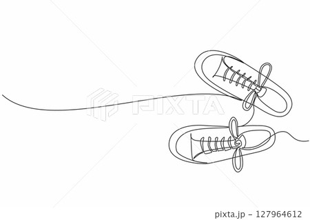 Single one line drawing a pair of sneakers from above. Trendy canvas shoes. Urban shoes. Modern lifestyle. Casual. National Two Different Colored Shoes Day. Continuous line design graphic illustration Single one line drawing a pair of sneakers from above. Trendy canvas shoes. Urban shoes. Modern lifestyle. Casual. National Two Different Colored Shoes Day. Continuous line design graphic illustration 127964612