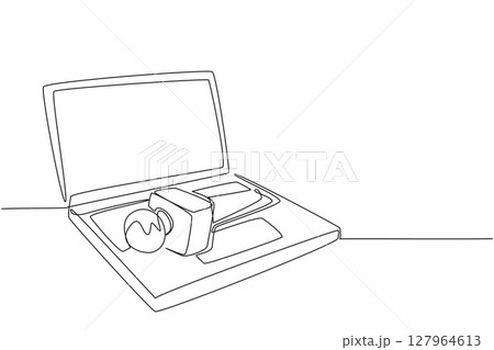 Continuous one line drawing microphone above laptop keyboard. Independent reporting. Distributed via social media. Random source. National Public Radio Day. Single line draw design vector illustration Continuous one line drawing microphone above laptop keyboard. Independent reporting. Distributed via social media. Random source. National Public Radio Day. Single line draw design vector illustration 127964613
