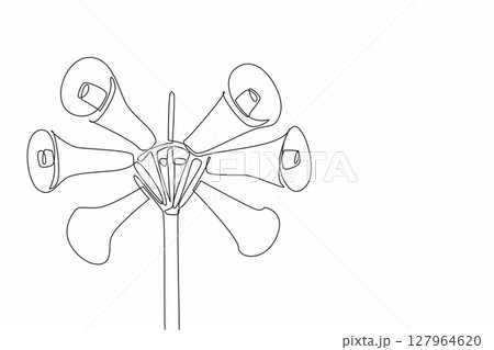 Single continuous line drawing 6 speakers installed in various directions on the tower. Mounted high for a longer reach. Announcement. National Public Radio Day. One line design vector illustration 127964620