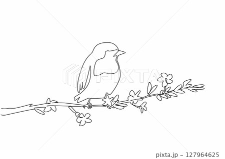 Single one line drawing robin perched on a tree branch with leaves and flowers. Famous birds in America and Europe. Songbird. International Dawn Chorus Day. Continuous line design graphic illustration Single one line drawing robin perched on a tree branch with leaves and flowers. Famous birds in America and Europe. Songbird. International Dawn Chorus Day. Continuous line design graphic illustration 127964625