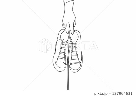 Single continuous line drawing a pair of sneakers held by 2 fingers. Launch of the latest model shoes. Current trends. National Two Different Colored Shoes Day. One line design vector illustration Single continuous line drawing a pair of sneakers held by 2 fingers. Launch of the latest model shoes. Current trends. National Two Different Colored Shoes Day. One line design vector illustration 127964631
