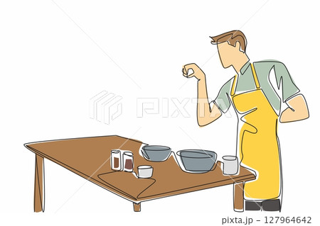 Single continuous line drawing male waiter wearing yellow apron sprinkles spices into the pan. Styled like a famous chef. Cook with joy. School Lunch Hero Day. One line design vector illustration Single continuous line drawing male waiter wearing yellow apron sprinkles spices into the pan. Styled like a famous chef. Cook with joy. School Lunch Hero Day. One line design vector illustration 127964642