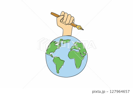 Single one line drawing hand holding a pen on a globe. Journalists record news. To be reported to the whole world. Democracy notes. World Press Freedom Day. Continuous line design graphic illustration Single one line drawing hand holding a pen on a globe. Journalists record news. To be reported to the whole world. Democracy notes. World Press Freedom Day. Continuous line design graphic illustration 127964657