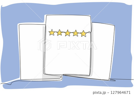 Single continuous line drawing 3 sheets of paper with the front sheet containing 5 stars. Evaluation review sheet. Better improvement. Feedback. Write a Review Day. One line design vector illustration Single continuous line drawing 3 sheets of paper with the front sheet containing 5 stars. Evaluation review sheet. Better improvement. Feedback. Write a Review Day. One line design vector illustration 127964671