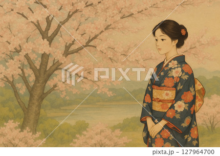 桜と着物を着た女性の日本画風イラスト 127964700