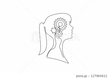 Continuous one line drawing the head of a young woman with a gear in the middle of her head. Critical thinking for more profit. Inside the Head of Woman. Single line draw design vector illustration 127964812