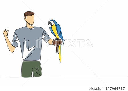 Single continuous line drawing blue gold macaw parrot perched on hand of man. Animals with beautiful, striking colors. Have the ability to speak. Man Holding Bird. One line design vector illustration Single continuous line drawing blue gold macaw parrot perched on hand of man. Animals with beautiful, striking colors. Have the ability to speak. Man Holding Bird. One line design vector illustration 127964817