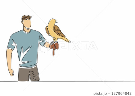 Single one line drawing white and beige falcon bird perched on hand of man. Bird of prey that has excellent flying and hunting abilities. Man Holding Bird. Continuous line design graphic illustration 127964842