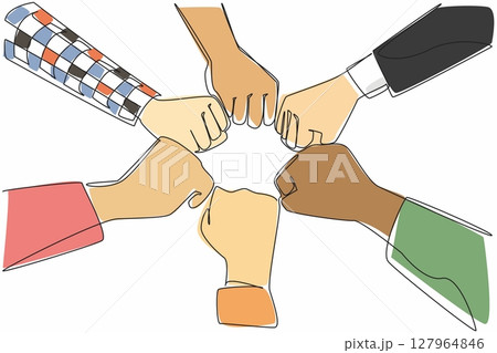 Single one line drawing 6 hands with different sleeve styles, clenching their fists together. Reaching consensus. Uniting spirit. Teamwork. Join Hands Day. Continuous line design graphic illustration 127964846