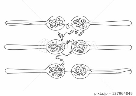 Single one line drawing 6 wooden spoons filled with various herbs. Already dried. Can feel the benefits directly. Healthy raw materials. National Herb Day. Continuous line design graphic illustration Single one line drawing 6 wooden spoons filled with various herbs. Already dried. Can feel the benefits directly. Healthy raw materials. National Herb Day. Continuous line design graphic illustration 127964849