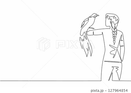 Single one line drawing bird of paradise perched on hand of woman. One of the most visited animals in the wildlife park. Favorites. Woman Holding Bird. Continuous line design graphic illustration 127964854