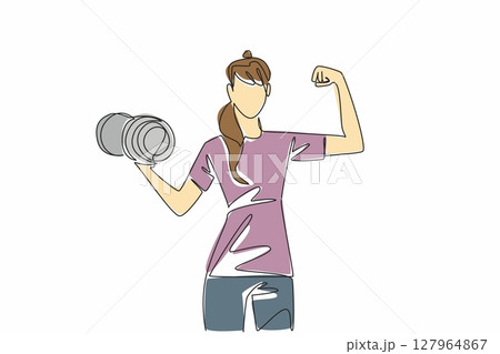 Single continuous line drawing a young woman poses while lifting dumbbell. As if there were muscles. Encouraging to be more active in sports. National Fitness Day. One line design vector illustration Single continuous line drawing a young woman poses while lifting dumbbell. As if there were muscles. Encouraging to be more active in sports. National Fitness Day. One line design vector illustration 127964867