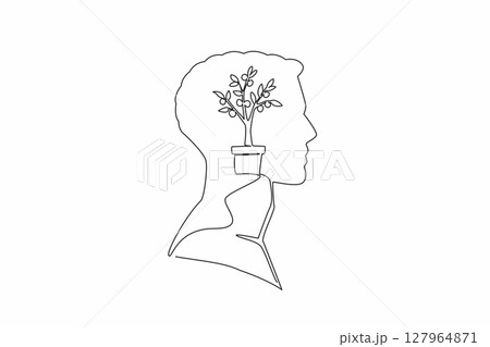 Single continuous line drawing the head of a man with a money tree in a pot in the middle of his head. Profitable investment. Success. Rich. Inside the Head of Man. One line design vector illustration Single continuous line drawing the head of a man with a money tree in a pot in the middle of his head. Profitable investment. Success. Rich. Inside the Head of Man. One line design vector illustration 127964871