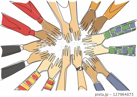 Single continuous line drawing 8 pairs of hands with various sleeve models stacked on top of each other. Team agreement. Encouragement. Work group. Join Hands Day. One line design vector illustration 127964873