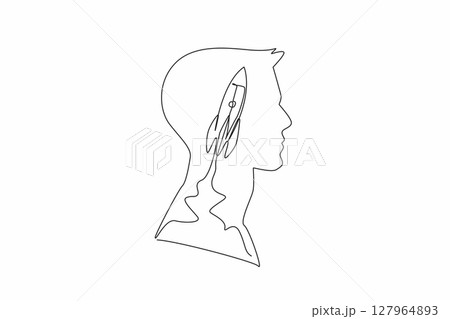 Single one line drawing head of man with rocket in the middle of head with cloud of smoke. Symbol of modern thinking for progress. Inside the Head of Man. Continuous line design graphic illustration 127964893