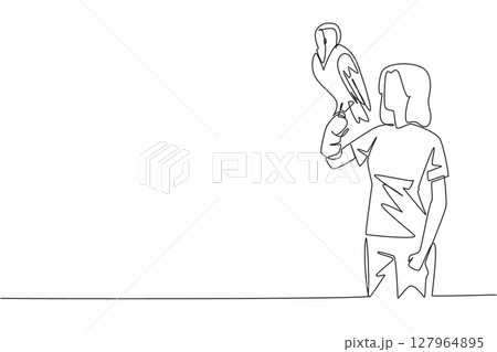 Continuous one line drawing snowy owl perched on hand of woman. The males of species almost entirely white, while females are not so. Woman Holding Bird. Single line draw design vector illustration 127964895