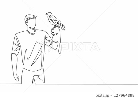 Single one line drawing hooded crow perched on hand of man. Weekend at the zoo. Trying to take pictures with the birds. The bird lover. Man Holding Bird. Continuous line design graphic illustration 127964899
