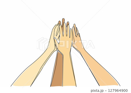 Single one line drawing 6 hands with open palms, raised and tossed together. Setting a common mission. Achieving success together. Trusty. Join Hands Day. Continuous line design graphic illustration 127964900