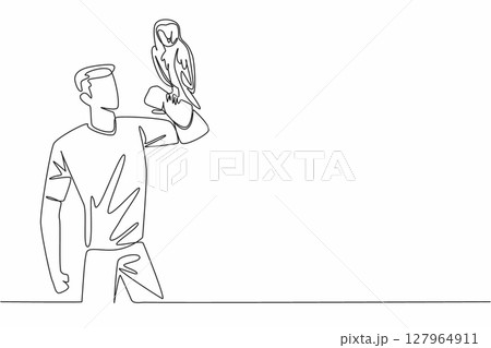 Continuous one line drawing barn owl perched on hand of man. Has a distinctive facial feature with a heart pattern. Gentle to humans. Man Holding Bird. Single line draw design vector illustration Continuous one line drawing barn owl perched on hand of man. Has a distinctive facial feature with a heart pattern. Gentle to humans. Man Holding Bird. Single line draw design vector illustration 127964911