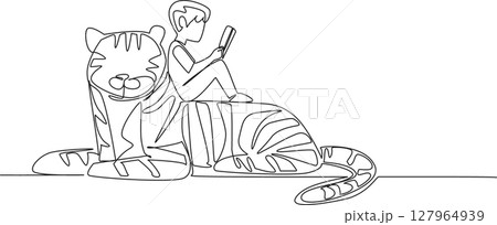 Single continuous line drawing boy reading book on cute tiger. The student who is repeating the subject. Studying. Smart. The nerd. Boy Reading Book at Animal Back. One line design vector illustration 127964939