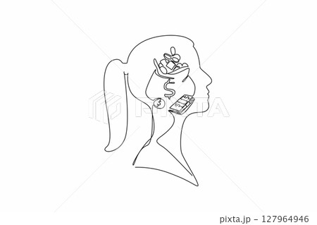 Continuous one line drawing the head of a woman with an open money bag in the middle of her head. Thinking of a windfall. Rich. Inside the Head of Woman. Single line draw design vector illustration 127964946