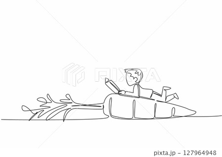 Single one line drawing boy reading on carrot with leaves. Giving examples of learning that can be done anywhere. Boy Reading Book at Vegetables and Fruits. Continuous line design graphic illustration 127964948