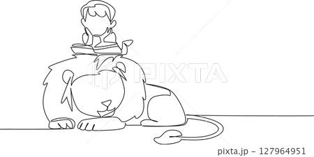 Continuous one line drawing boy reading book on cute lion. Symbolizing the importance of seeking knowledge even in danger. Boy Reading Book at Animal Back. Single line draw design vector illustration Continuous one line drawing boy reading book on cute lion. Symbolizing the importance of seeking knowledge even in danger. Boy Reading Book at Animal Back. Single line draw design vector illustration 127964951