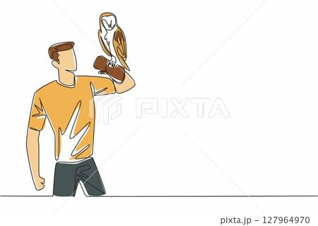Continuous one line drawing barn owl perched on hand of man. Has a distinctive facial feature with a heart pattern. Gentle to humans. Man Holding Bird. Single line draw design vector illustration Continuous one line drawing barn owl perched on hand of man. Has a distinctive facial feature with a heart pattern. Gentle to humans. Man Holding Bird. Single line draw design vector illustration 127964970