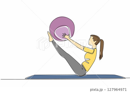 Single one line drawing woman posing with the help of fitness ball. Medicine ball. Helps muscles and spine. Training balance. Exercising. Pilates Day. Continuous line design graphic illustration Single one line drawing woman posing with the help of fitness ball. Medicine ball. Helps muscles and spine. Training balance. Exercising. Pilates Day. Continuous line design graphic illustration 127964971