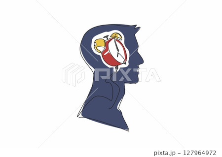 Continuous one line drawing the head of a man has an alarm clock in the middle of his head. Thinking about the many work deadlines. Inside the Head of Man. Single line draw design vector illustration 127964972