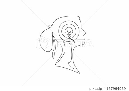 Single one line drawing head of woman with arrow target board in the middle of her head. Thinking about focus to achieve success. Inside the Head of Woman. Continuous line design graphic illustration 127964989