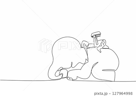 Single continuous line drawing girl reading a book on cute elephant lying down. Study while lying on the back. Education anywhere. Girl Reading Book at Animal Back. One line design vector illustration 127964998