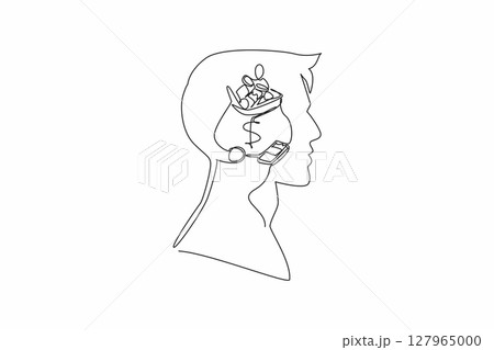 Single one line drawing head of man with an open money bag in the middle of his head. The best place to save money is to invest it. Inside the Head of Man. Continuous line design graphic illustration 127965000