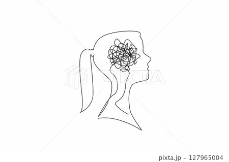 Single one line drawing the head of woman with...のイラスト素材 [127965004 ...