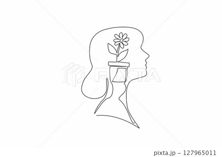 Single continuous line drawing the head of woman with pot containing flowering plant in the middle of her head. Farmer in her spare time. Inside the Head of Woman. One line design vector illustration Single continuous line drawing the head of woman with pot containing flowering plant in the middle of her head. Farmer in her spare time. Inside the Head of Woman. One line design vector illustration 127965011