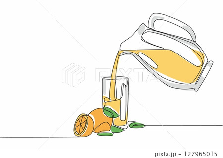 Continuous one line drawing pitcher of orange juice poured into a glass along with orange slices. Serves freshness in summer. National Orange Juice Day. Single line draw design vector illustration Continuous one line drawing pitcher of orange juice poured into a glass along with orange slices. Serves freshness in summer. National Orange Juice Day. Single line draw design vector illustration 127965015