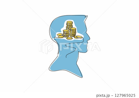 Single one line drawing head of a man with a pile of coins in the middle of his head. Small change will be put into the piggy bank. Inside the Head of Man. Continuous line design graphic illustration Single one line drawing head of a man with a pile of coins in the middle of his head. Small change will be put into the piggy bank. Inside the Head of Man. Continuous line design graphic illustration 127965025