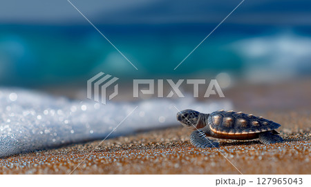 Small turtle making its way across the sandy beach 127965043