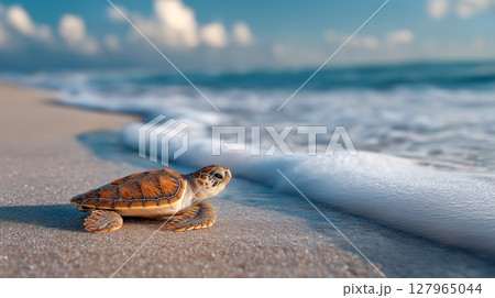Baby turtle crawls across sandy beach 127965044