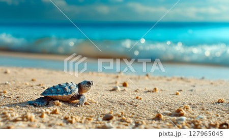 Small turtle makes its way across the beach 127965045