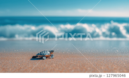Small turtle crawling on sandy beach towards the ocean 127965046