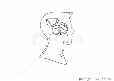 Continuous one line drawing head of man with treasure box and gold coins in the middle of head. Classic things for a better future. Inside the Head of Man. Single line draw design vector illustration 127965078